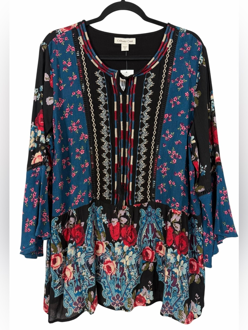 Coldwater Creek Floral Embroidered Blouse Boho Tassel Bell Sleeve Size 1X NWT